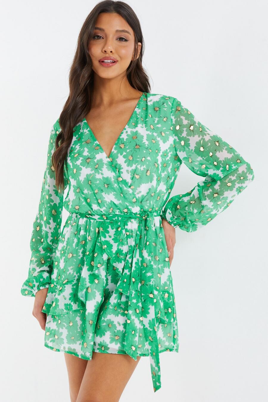 

Зеленый шифоновый комбинезон с цветочным принтом QUIZ Clothing