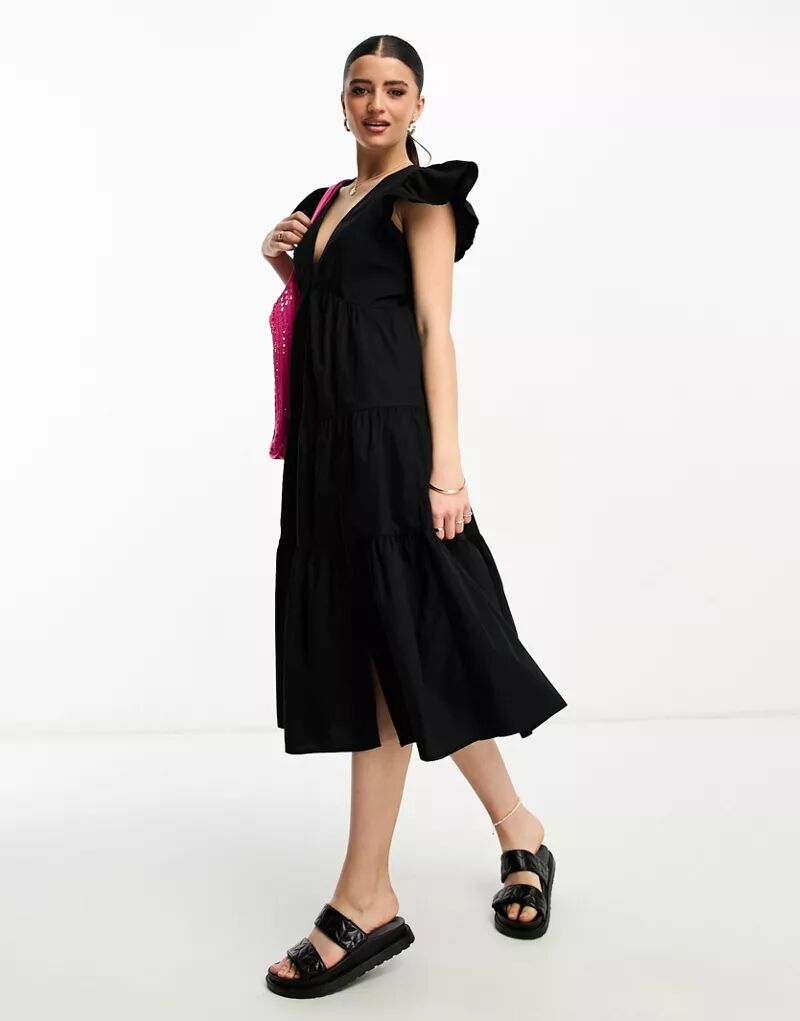 Черное платье миди Vero Moda с рюшами на рукавах