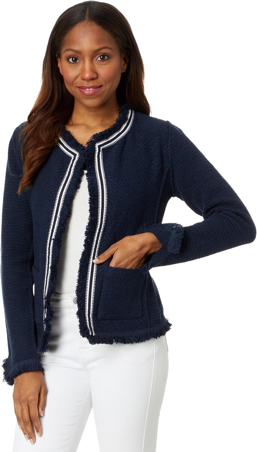 

Куртка NIC+ZOE Ribbon Trim Fringe Mix Knit Jacket, цвет Dark Indigo