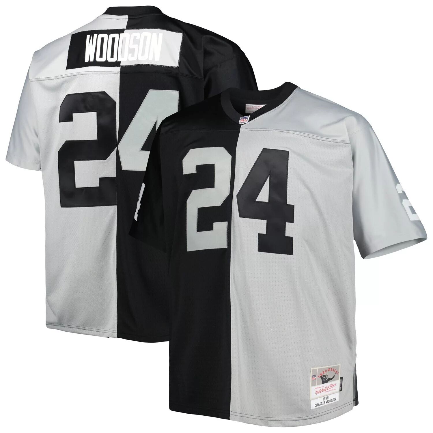 

Мужская футболка Mitchell & Ness Charles Woodson черного/серебристого цвета Las Vegas Raiders Big & Tall Split Legacy Retired Player, реплика Джерси, Черный
