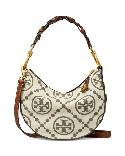 

Миниатюрная сумка в форме полумесяца с монограммой и люверсами Tory Burch, цвет Ivory/Cream
