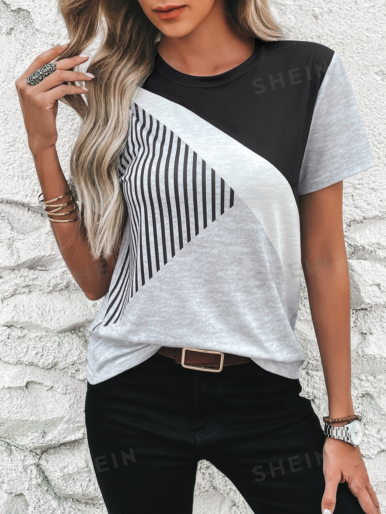 SHEIN Clasi Полосатая футболка с короткими рукавами и круглым вырезом с цветными блоками, многоцветный женская повседневная футболка с коротким рукавом круглым вырезом и принтом лето 2023