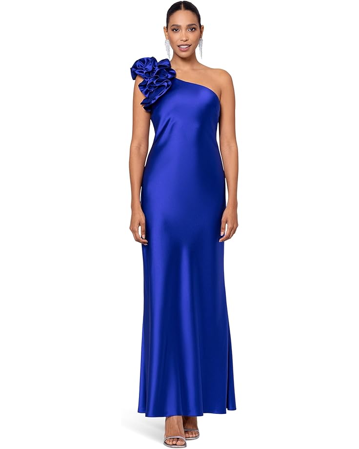 

Платье XSCAPE Ths Long Satin Is Sure To Be A Showstopper At Any Event With The Carefull Crafter Ruffle Shoulder, цвет Cobalt