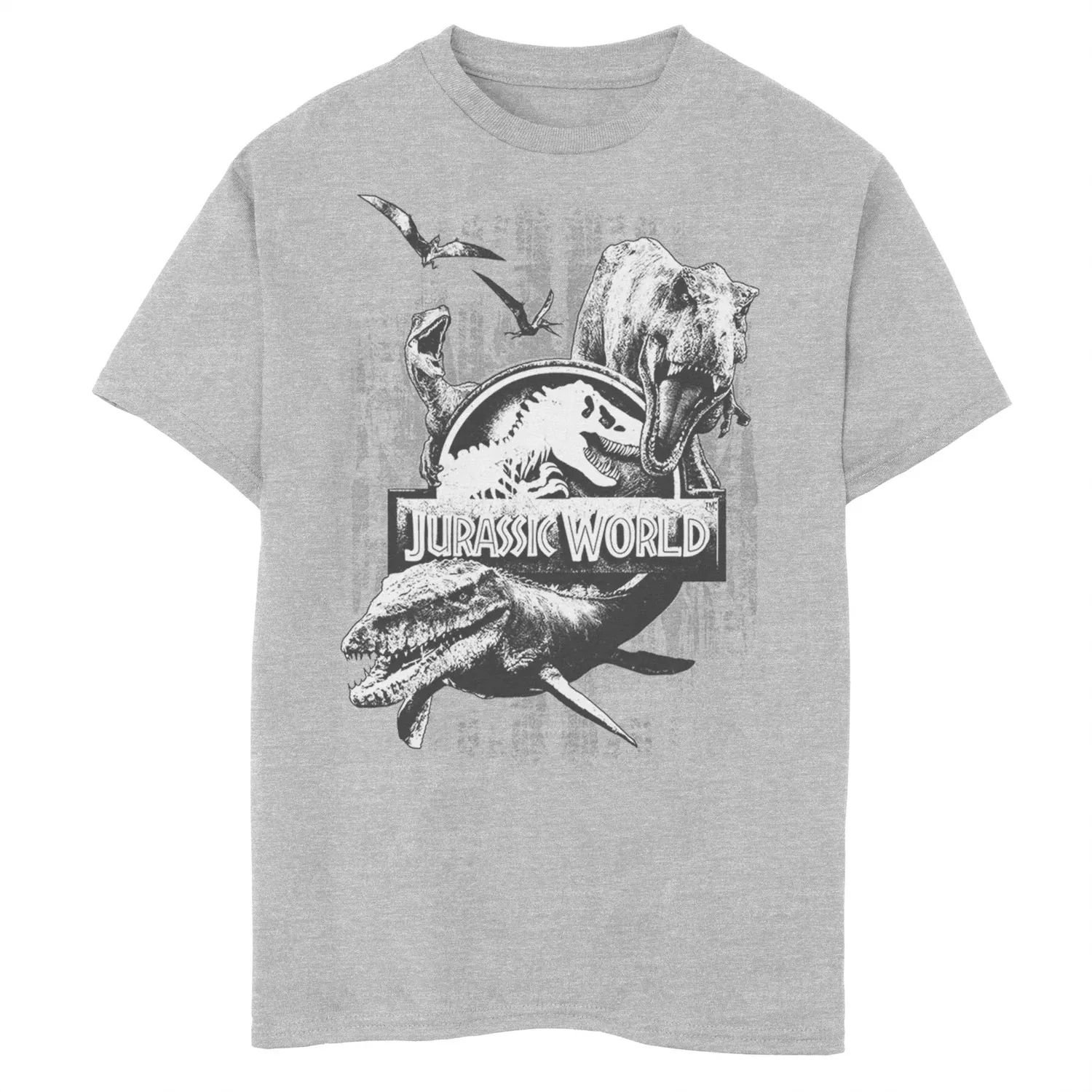 цена Футболка с гранж-логотипом и графическим рисунком «Мир Юрского периода» для мальчиков 8–20 лет с двумя динозаврами и коллажем Jurassic World