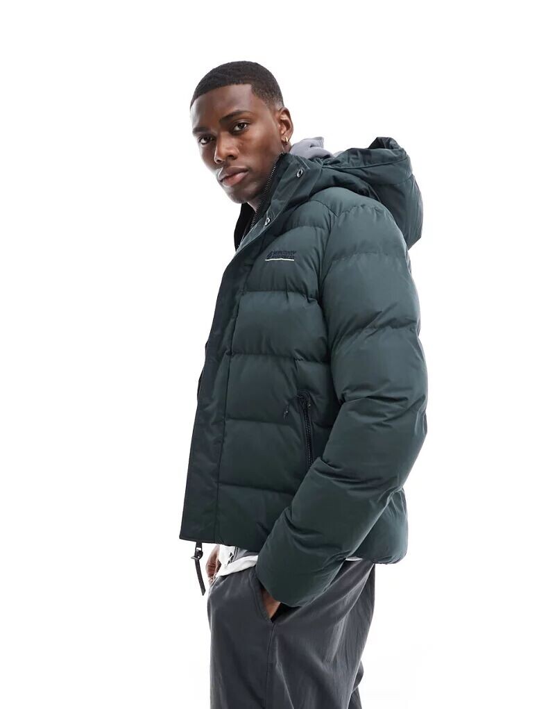 

Темно-зеленая спортивная куртка-пуховик из микрофибры с капюшоном Superdry