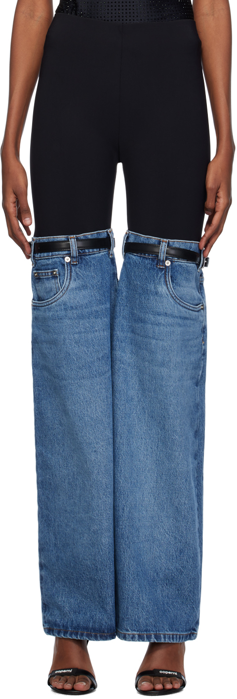 цена Черно-синие гибридные джинсы-клеш Coperni