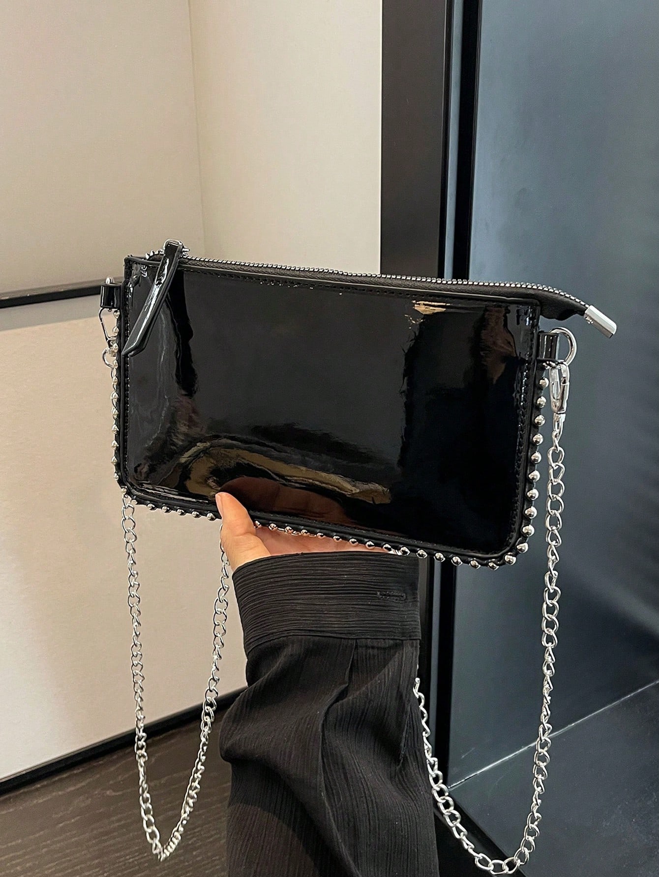Женская сумка на цепочке из бисера с плечевым ремнем, черный