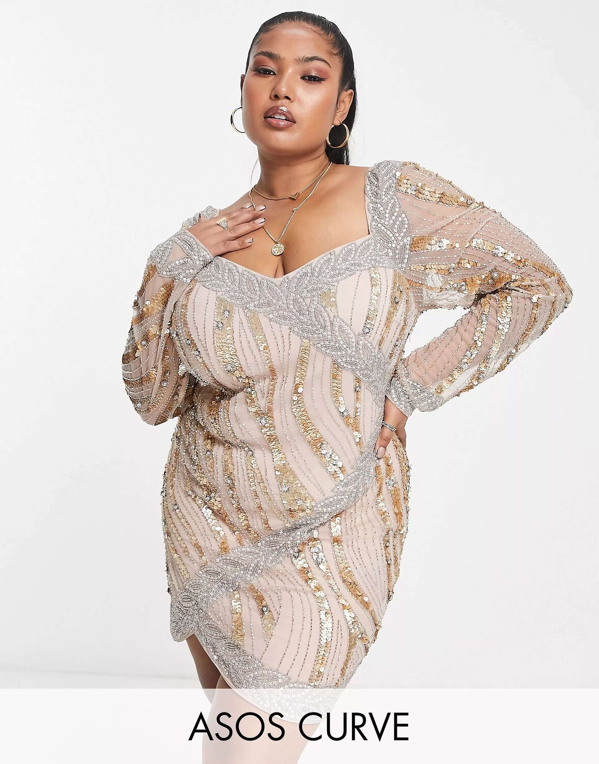 

Золотистое мини-платье с запахом и декором ASOS LUXE Curve, Желтый