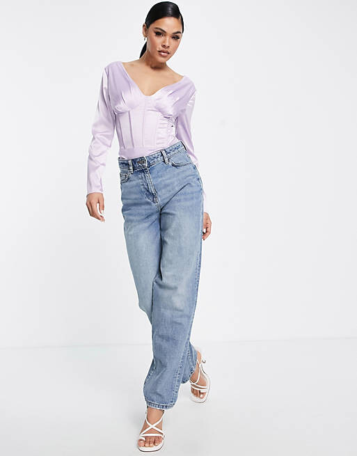 

Сиреневое атласное боди с глубоким вырезом и длинными рукавами Missguided