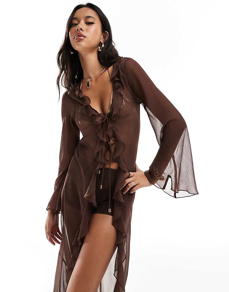 

Шоколадно-коричневое пляжное кимоно макси Miss Selfridge – с рюшами