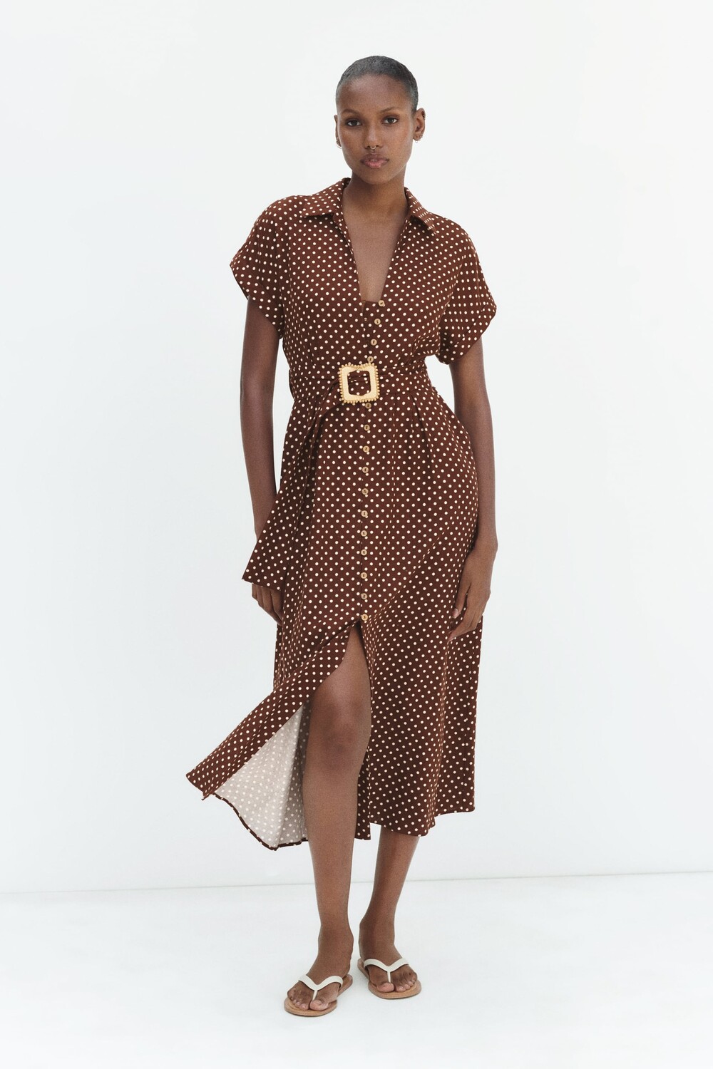 

Платье миди из льна в горошь Zara, коричневый/бежевый