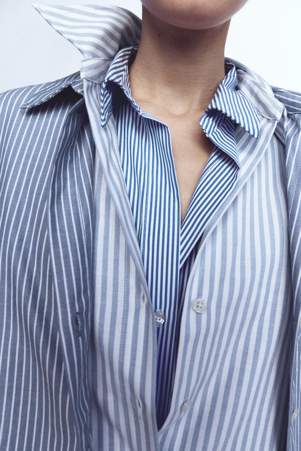 Рубашка поплин ZARA, белый/темно-синий женская рубашка с v образным вырезом осенняя блузка из полиэстера с длинными рукавами v образным вырезом и кружевной вставкой