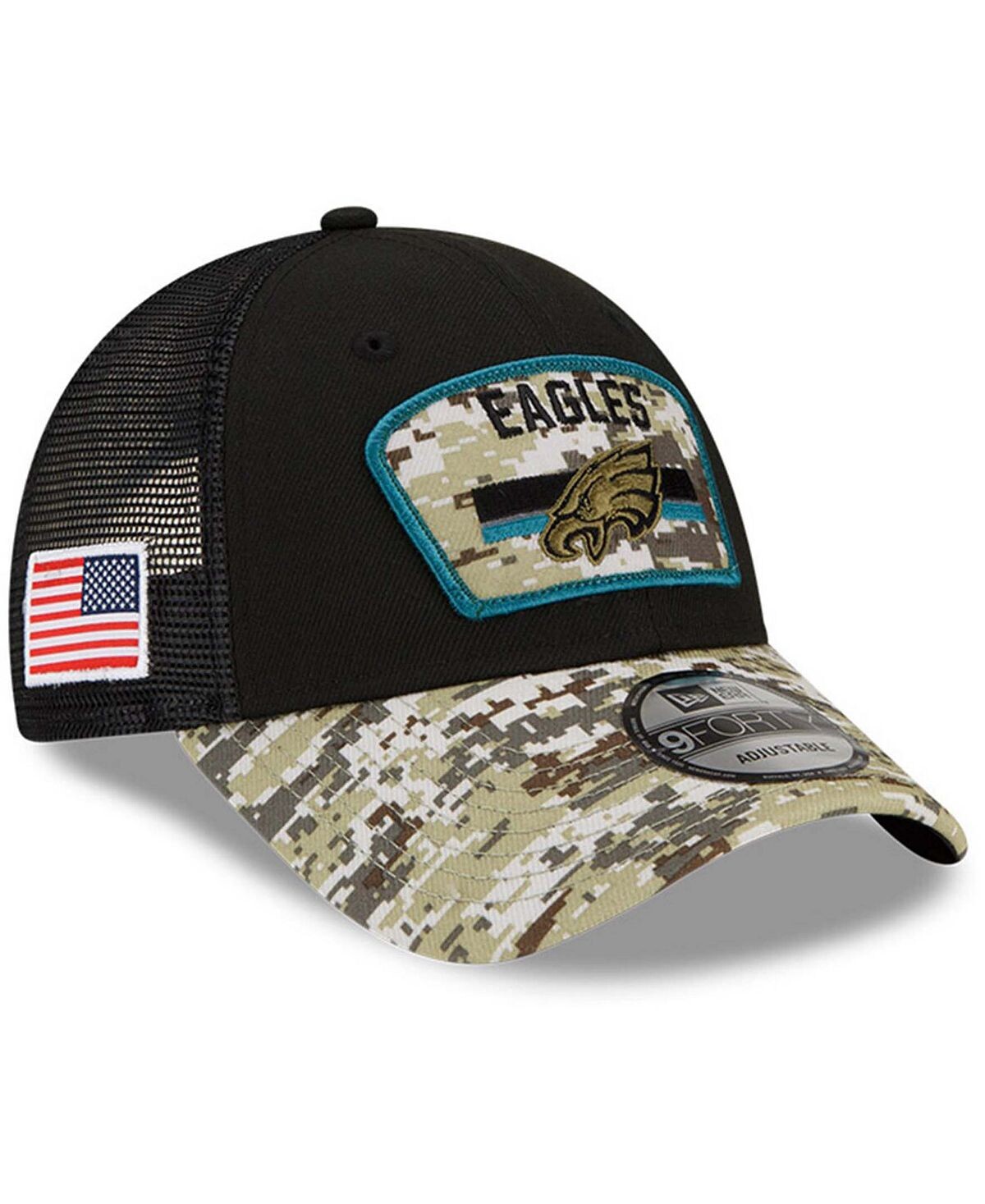 

Мужская черная камуфляжная регулируемая кепка Philadelphia Eagles 2021 Salute To Service Trucker 9FORTY Snapback New Era