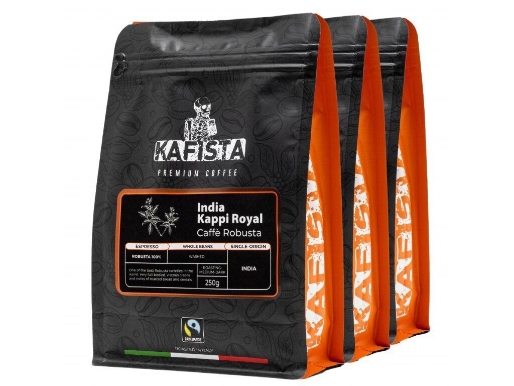 

Кафиста "India Kappi Royal" - 100% Робуста, обжаренная в Италии - зерна эспрессо 3х250г Kafista