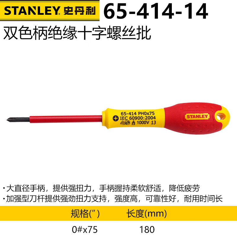 Отвертка Stanley с двухцветной ручкой и крестовой изоляцией, устойчивая к высокому напряжению, 65-414-14