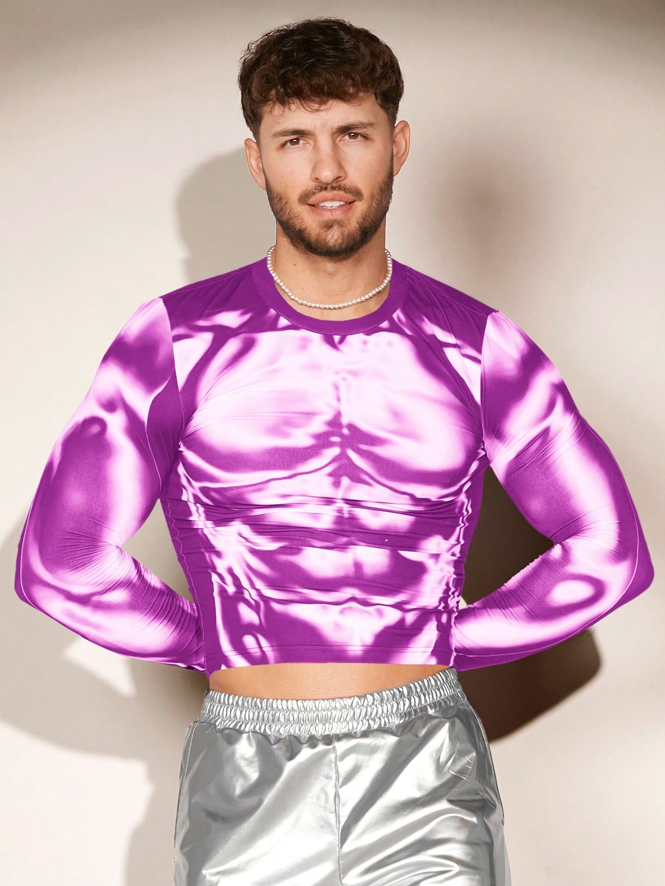 Мужская трикотажная футболка свободного кроя FeverCity с длинными рукавами и принтом человеческого тела, фиолетовый