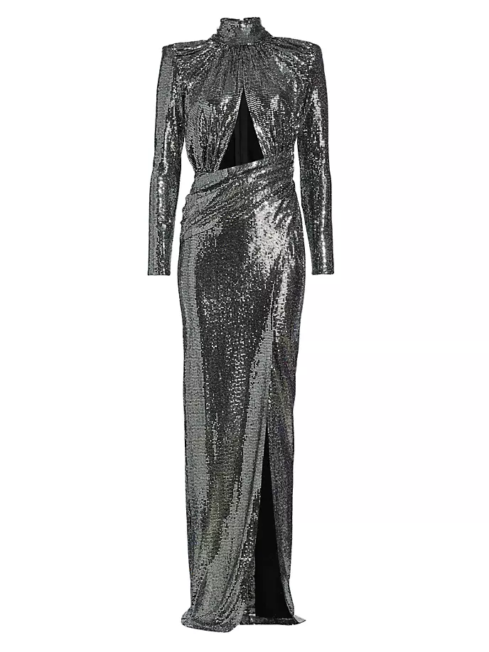 Платье Libra с вырезами и пайетками Michael Costello Collection, цвет silver lame