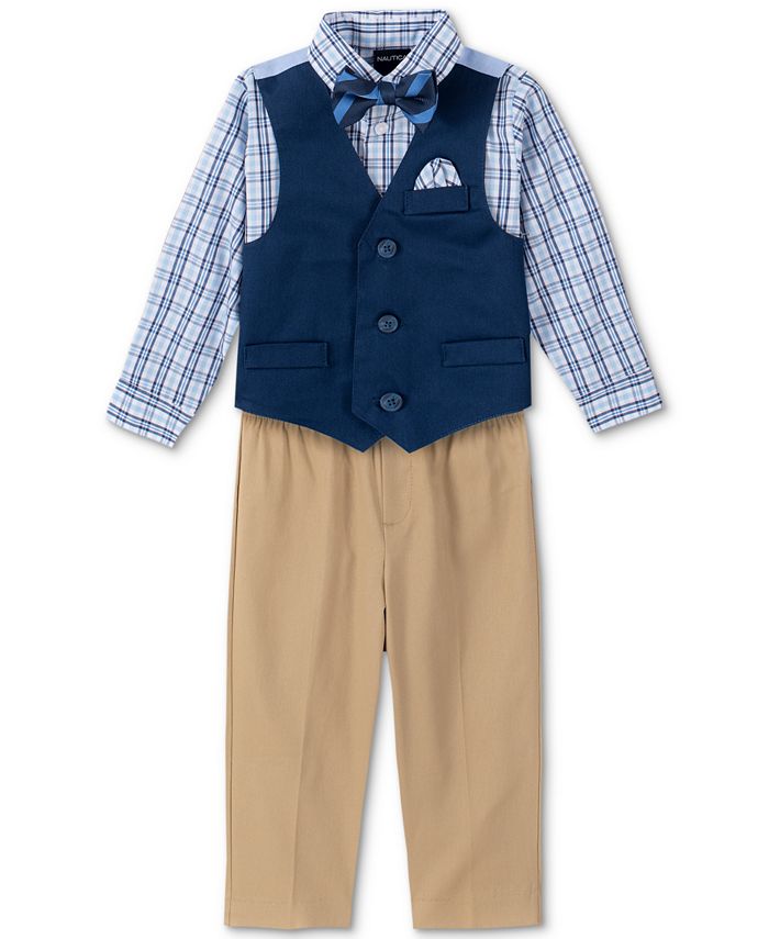 цена Рубашка для маленьких мальчиков, однотонный твиловый жилет, брюки и Комплект с галстуком-бабочкой Nautica, мультиколор