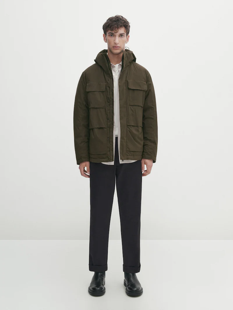 

Пуховик с капюшоном и перьями Massimo Dutti, хаки