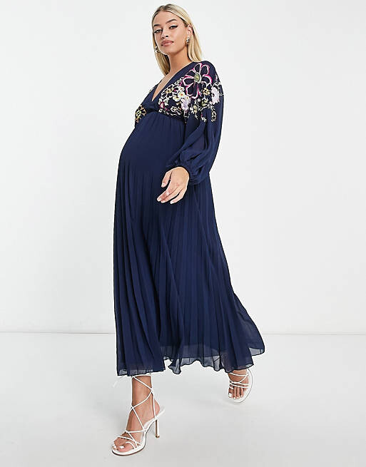 

Темно-синее платье миди с v-образным вырезом и вышивкой ASOS DESIGN Maternity, Синий