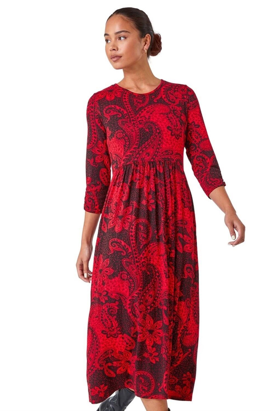 Красное эластичное платье миди с принтом пейсли Roman Petite