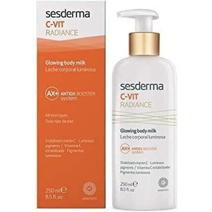 

C-Vit Radiance Сияющее молочко для тела Увлажняющие светящиеся пигменты Витамин С Мягкая и бархатистая кожа Аромат апельсина Борется с тусклой кожей Сияющая кожа 250 мл, Sesderma