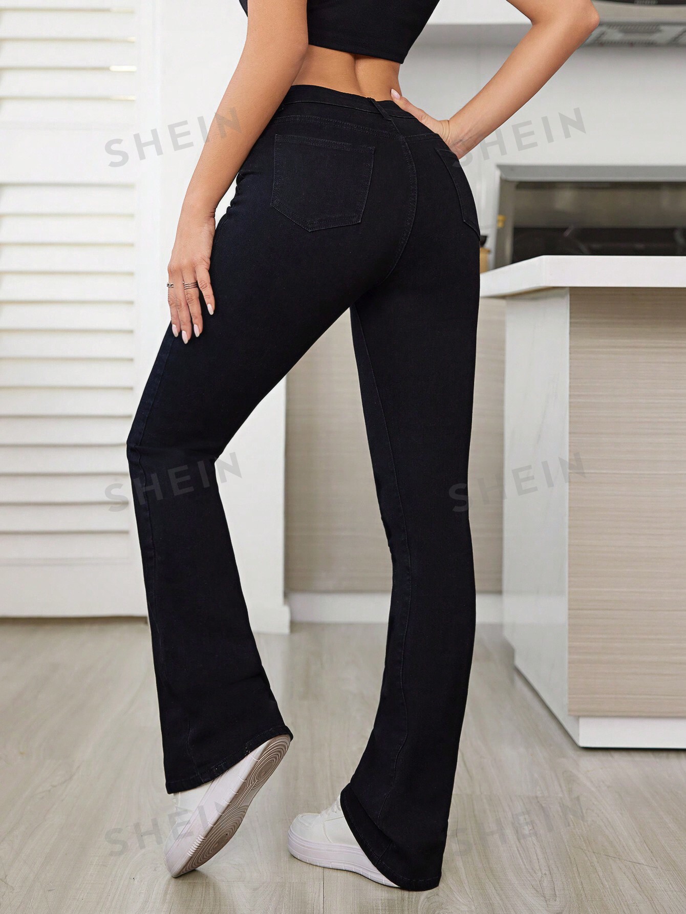 SHEIN Джинсовые брюки клеш с высокой талией, черный красные брюки клеш fashion rebels m 44