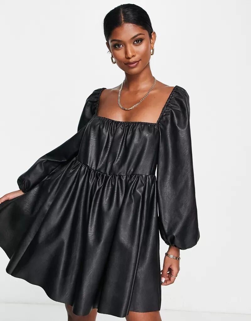 

Черное многоярусное свободное платье мини с объемными рукавами ASOS