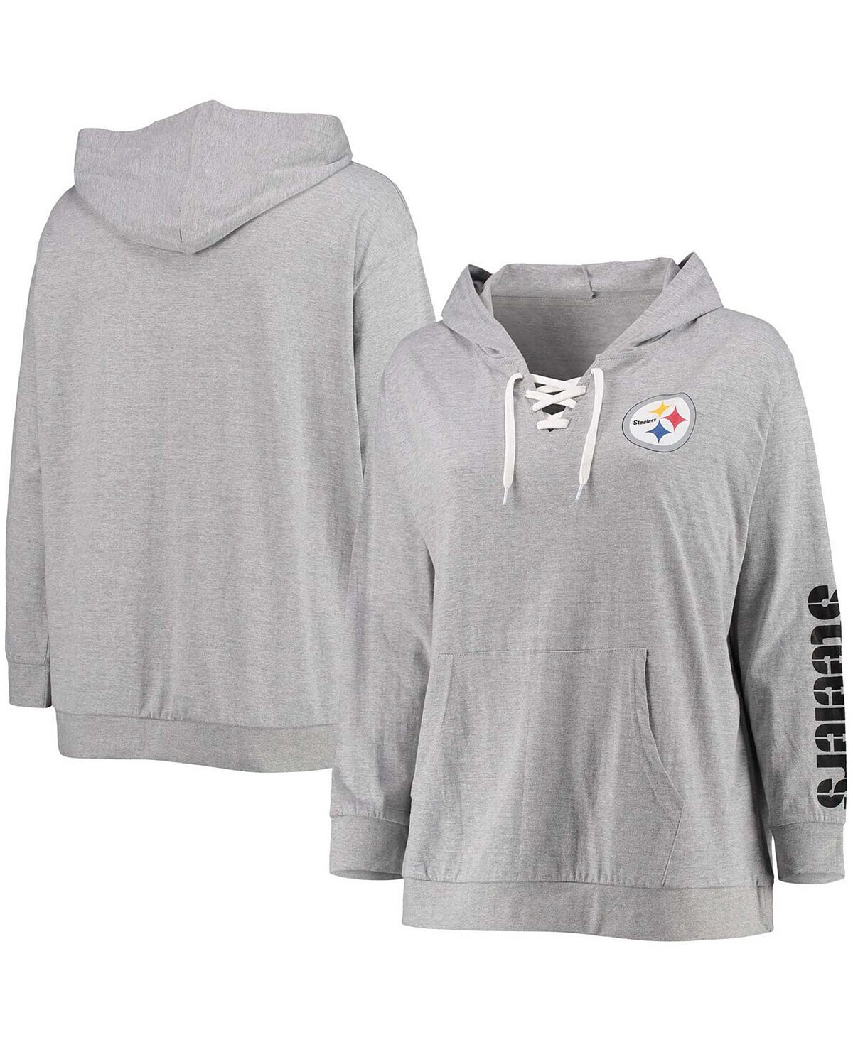 

Женский серый пуловер с капюшоном на шнуровке больших размеров Pittsburgh Steelers Fanatics