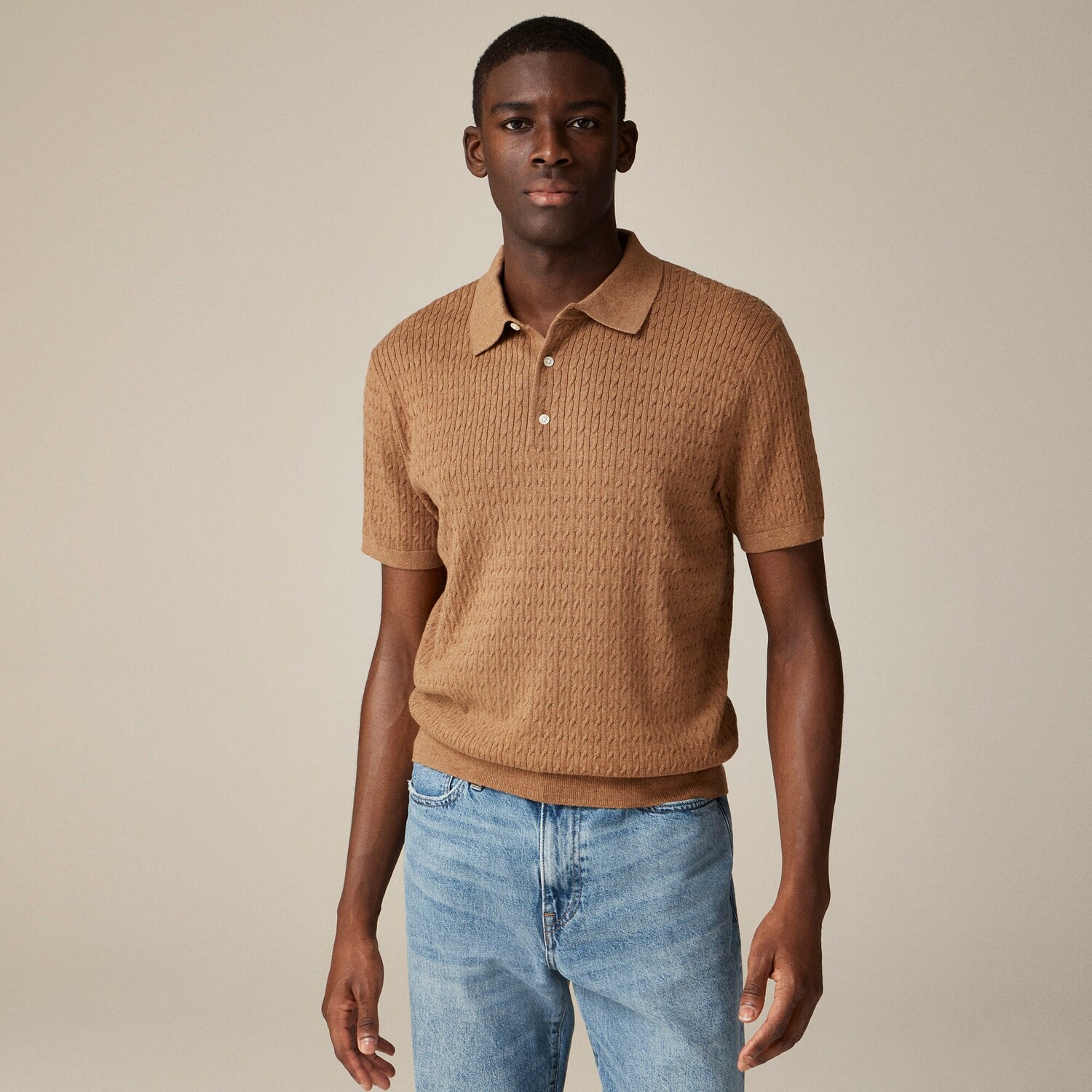 

Хлопковый свитер-поло с короткими рукавами и косичной вязкой J.Crew, коричневый