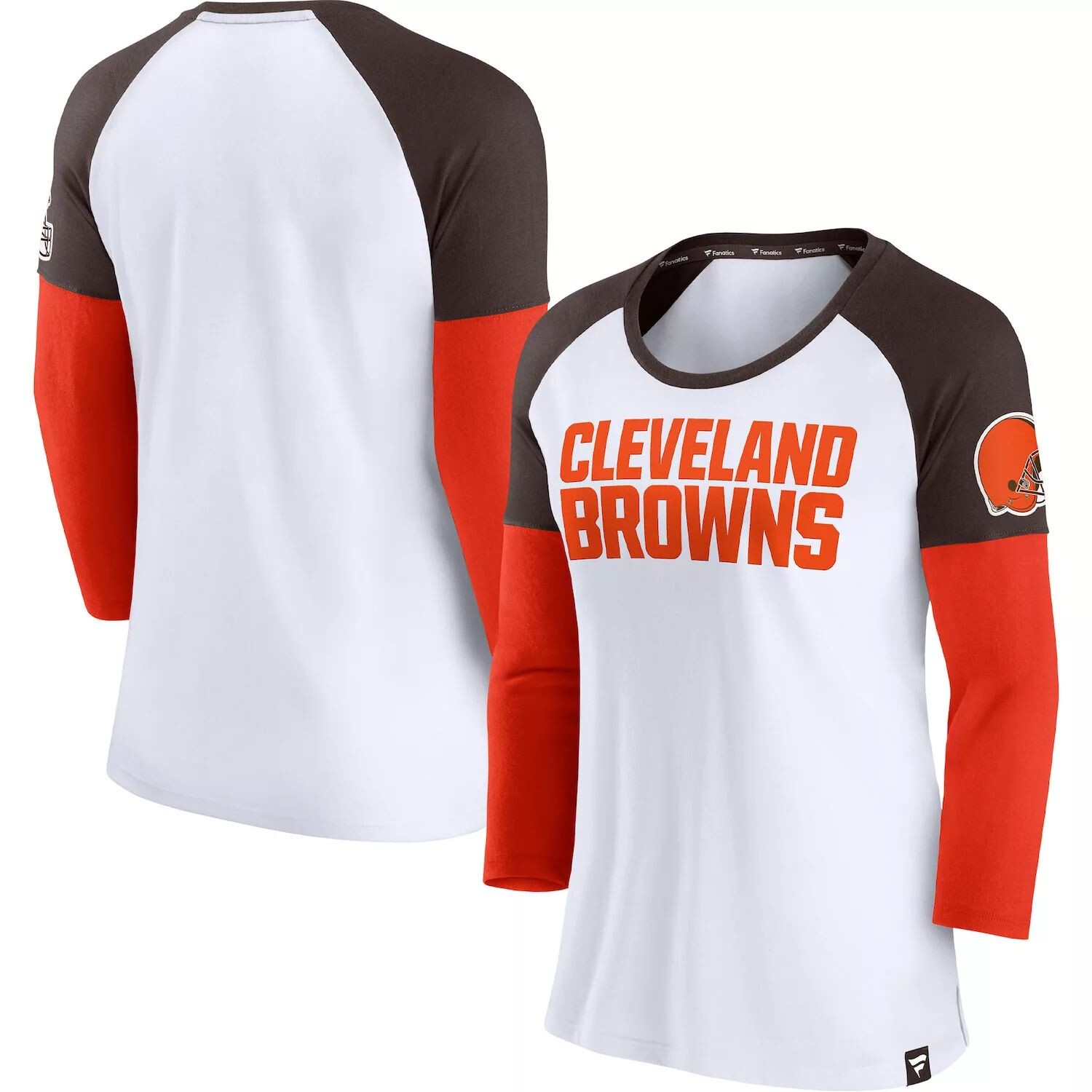

Женская футболка Fanatics с фирменным логотипом белого/коричневого цвета Cleveland Browns Durable реглан с рукавами 3/4 Fanatics