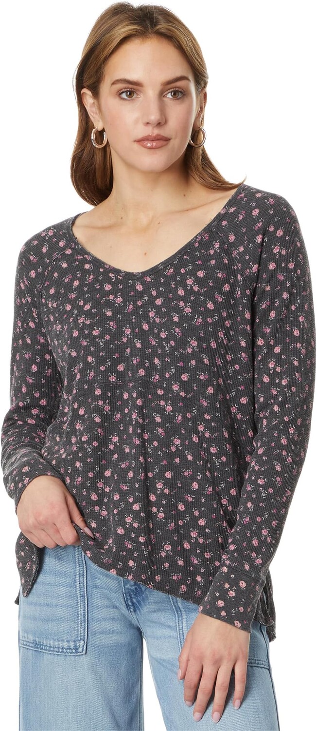 

Объемный термотоп с вафельным вырезом и V-образным вырезом Lucky Brand, цвет Black Flower Print