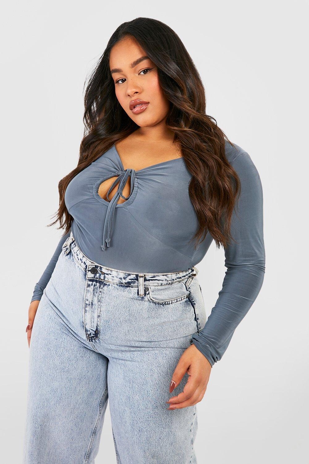 

Боди plus из ацетата с облегающей завязкой спереди Boohoo, сланцевый