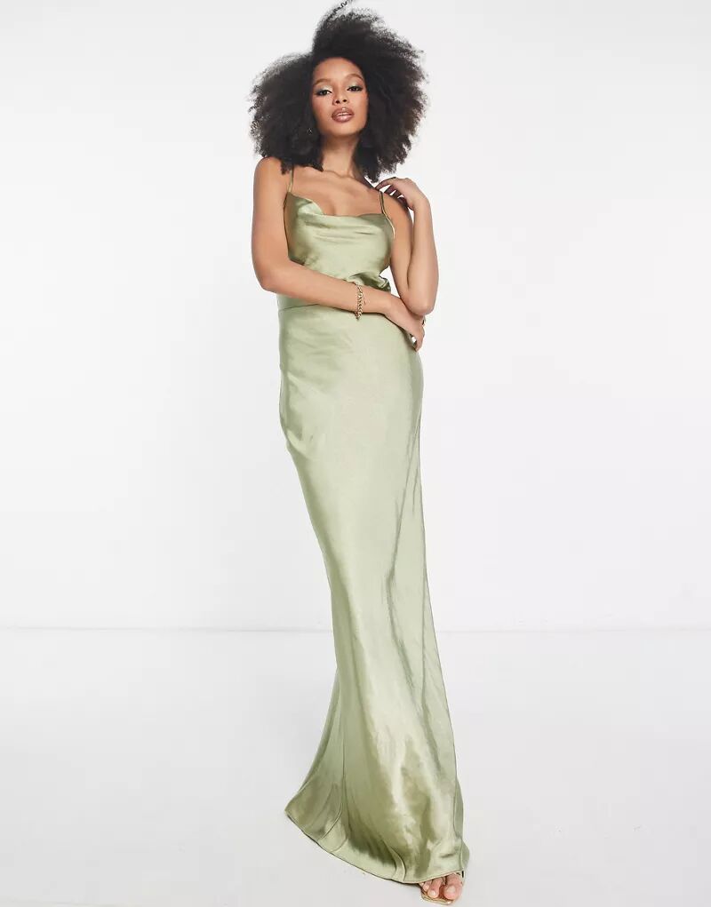 Атласное платье с воротником-хомутом Pretty Lavish Keisha, мягкое оливковое платье макси для подружки невесты