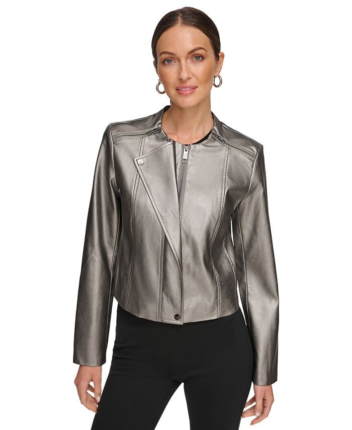 

Женская мотокуртка из искусственной кожи цвета бронзы DKNY, серебро