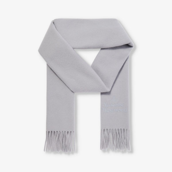 Шерстяной шарф с фирменной вышивкой и бахромой Vivienne Westwood, серый
