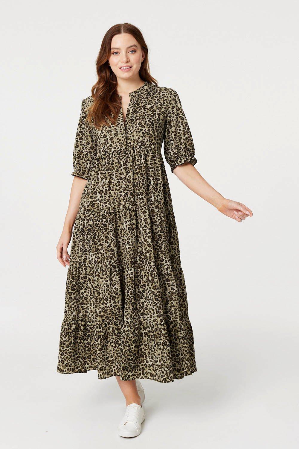 Многоуровневое платье макси с леопардовым принтом Izabel London, хаки многоярусная юбка макси guess jeans w1gd1awdxm0g64e розовый 46