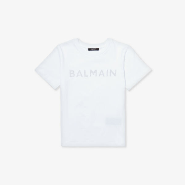 

Футболка из хлопкового джерси, украшенная стразами и логотипом, 6–13 лет Balmain, белый