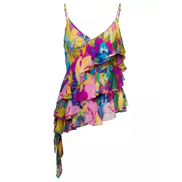 

Футболка asymmetric ruffled top with graphic pri Msgm, мультиколор