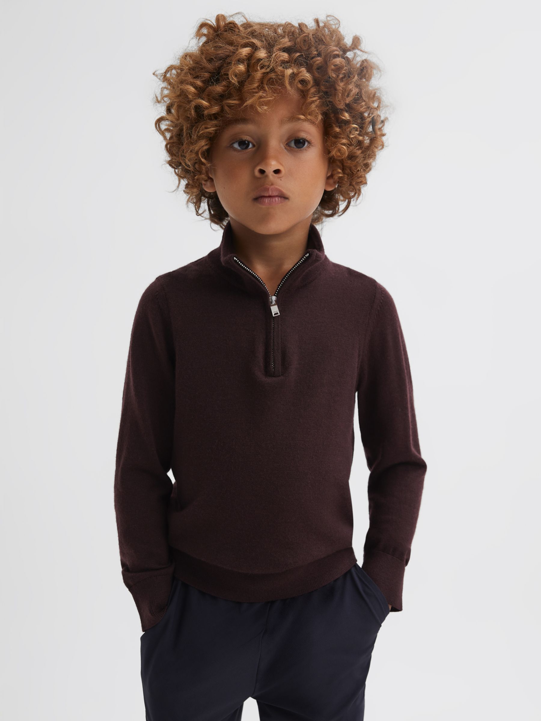 Детский джемпер Blackhall из мериносовой шерсти с молнией до половины Reiss, бордо