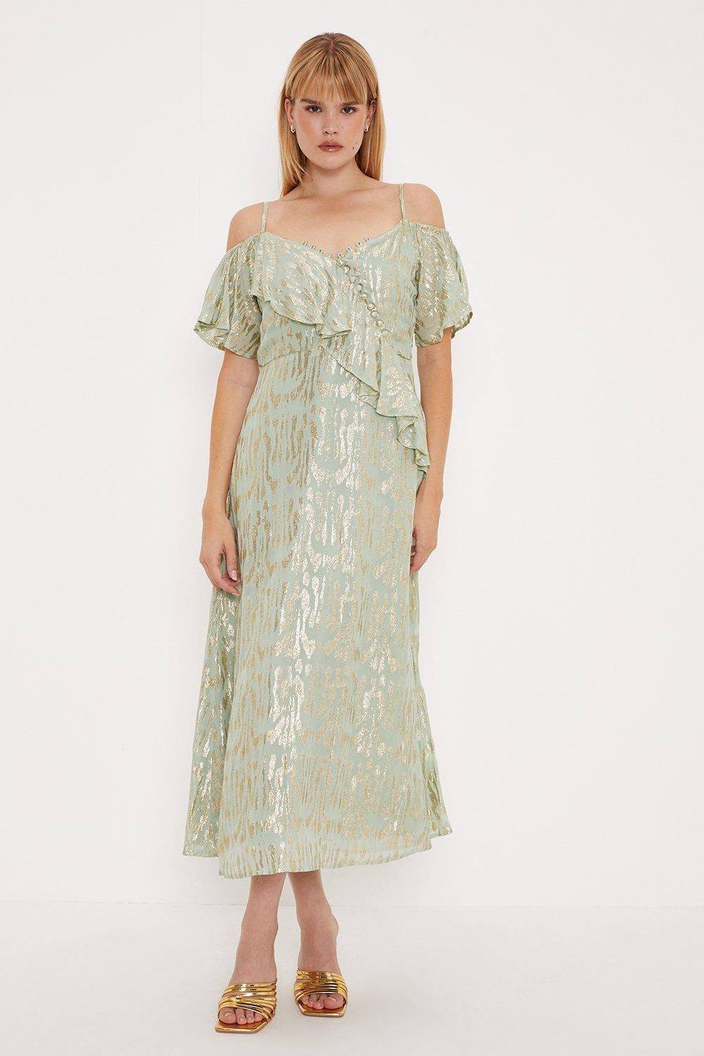 цена Платье миди с открытыми плечами и металлизированной оборкой Oasis, зеленый