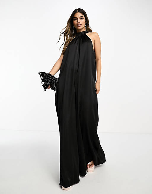 

Черный атласный комбинезон с высоким воротником ASOS DESIGN