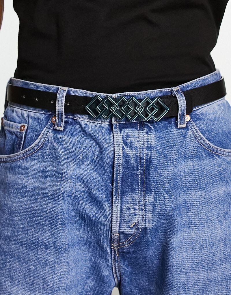 

Узкий ремень ASOS из черной искусственной кожи с геометрической пряжкой