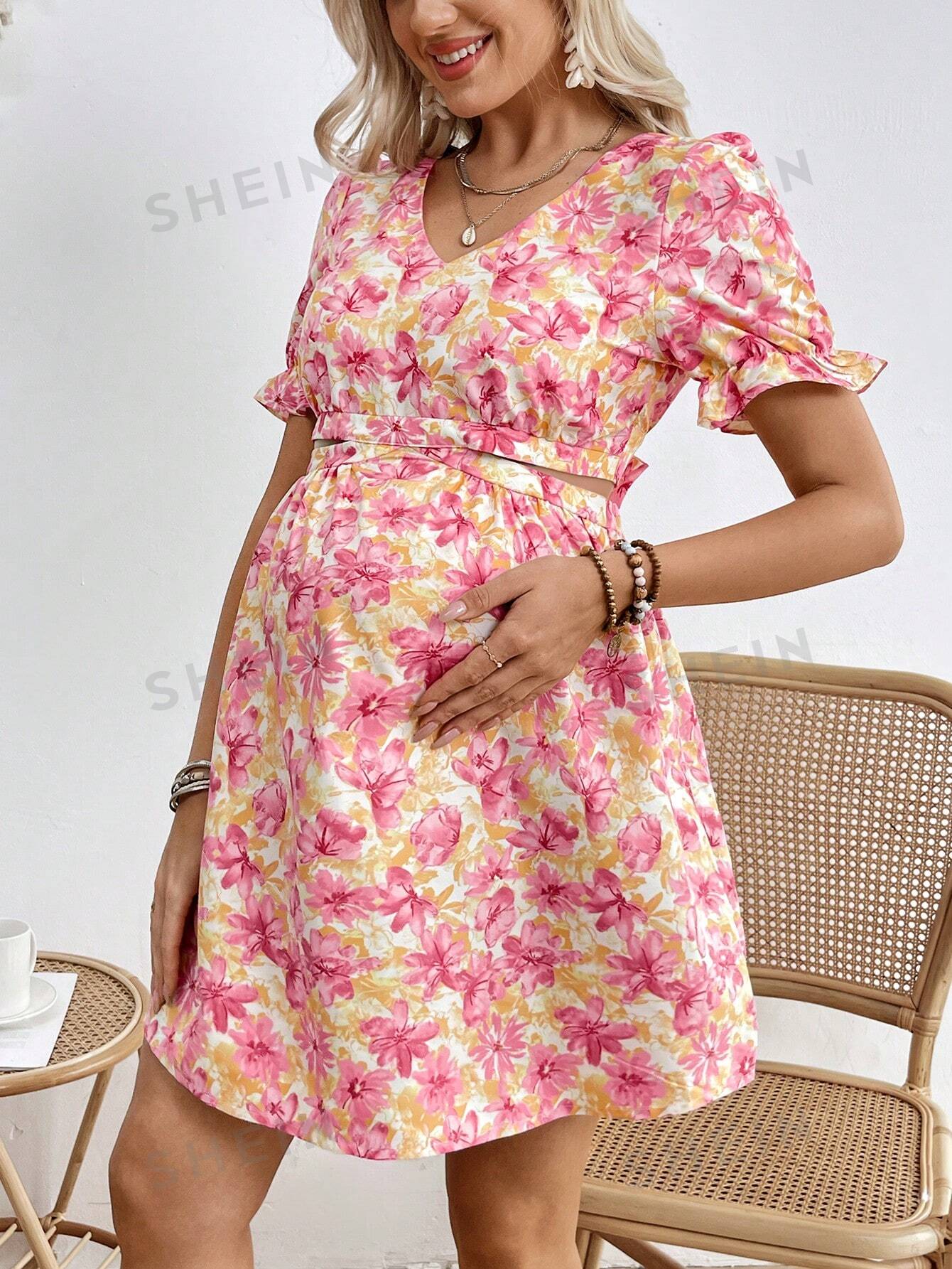 цена SHEIN Кружевное платье с цветочным принтом и v-образным вырезом для беременных, розовый