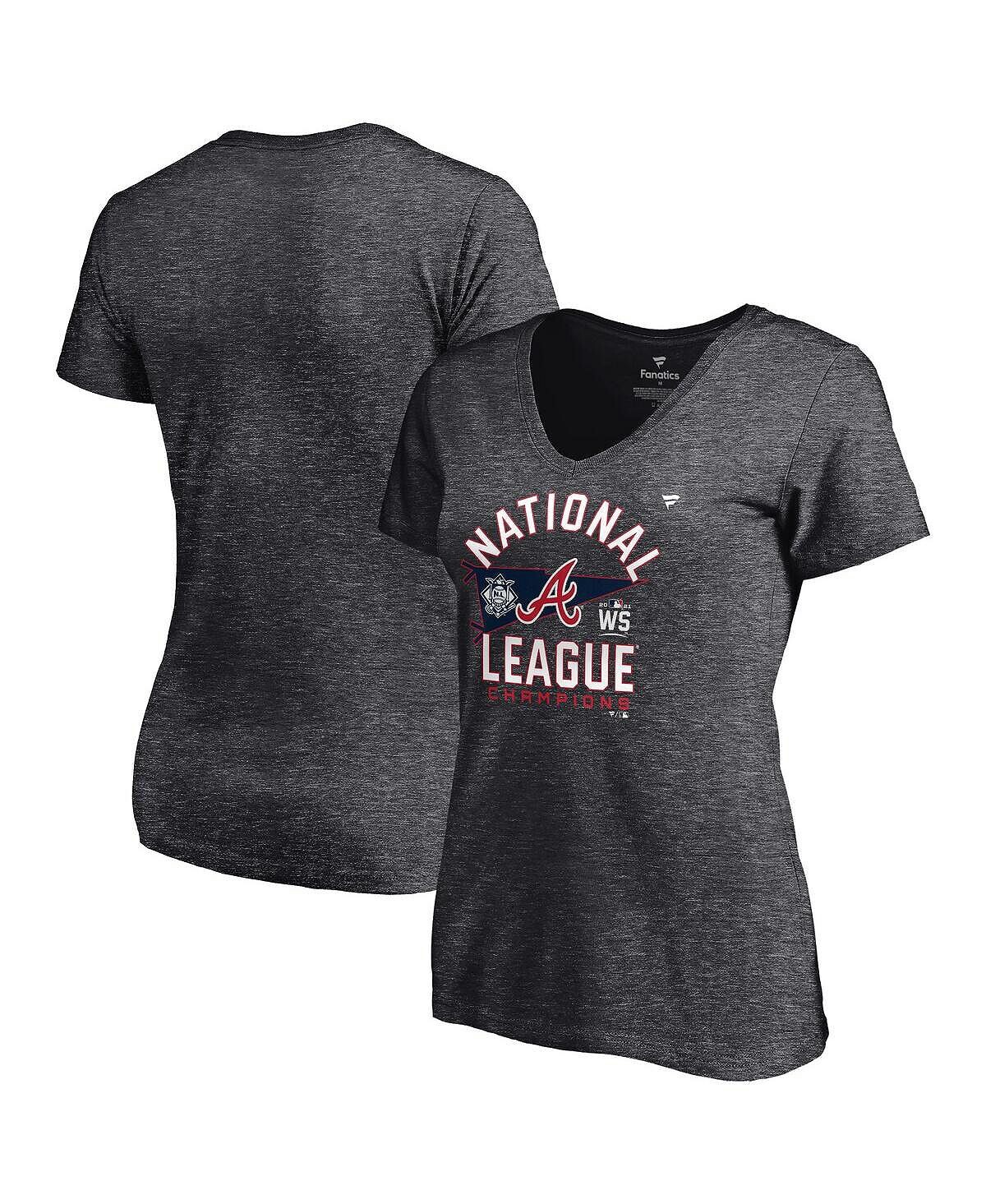 

Женская футболка Heather Charcoal Atlanta Braves с v-образным вырезом в раздевалке Национальной лиги чемпионов 2021 года Fanatics
