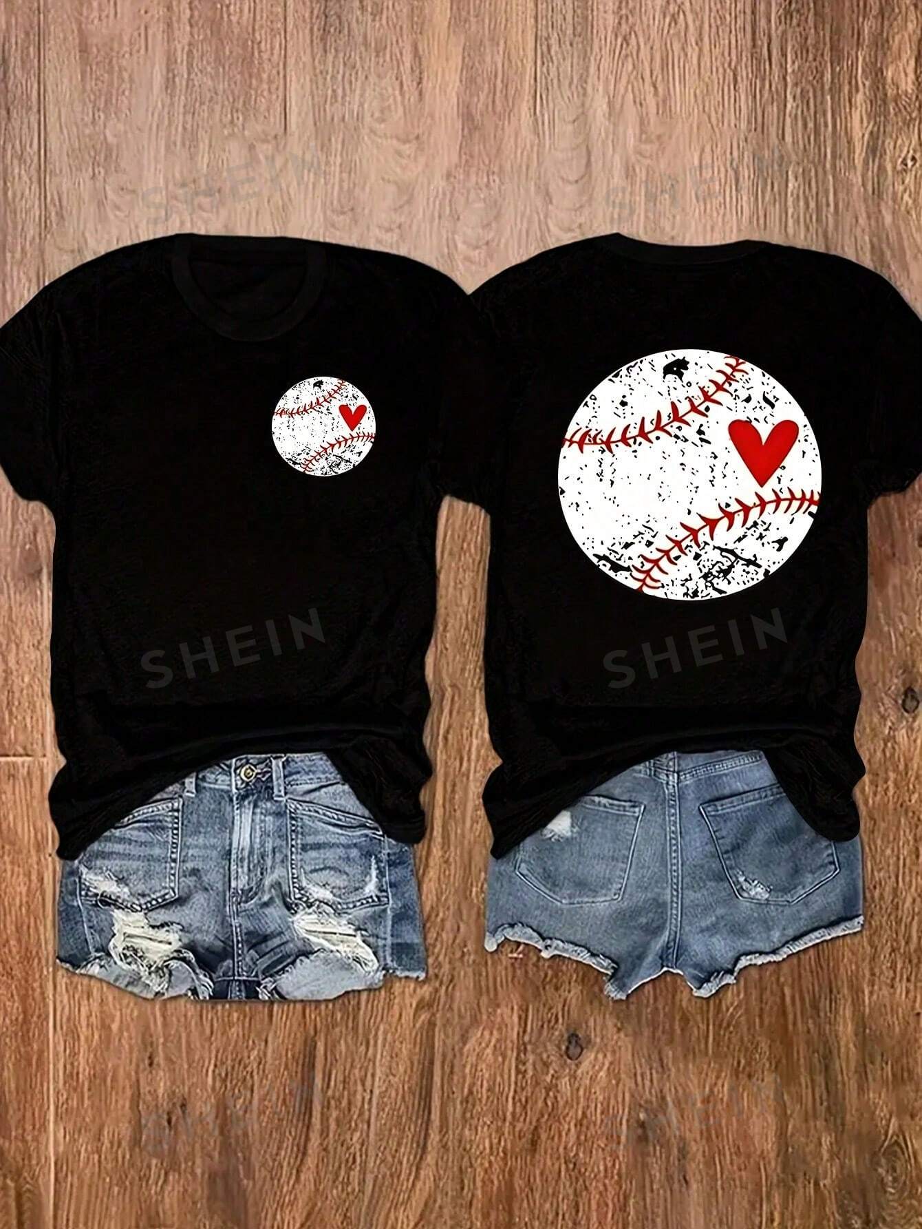 цена SHEIN Essnce Женская бейсбольная футболка с круглым вырезом и короткими рукавами с принтом сердца, черный