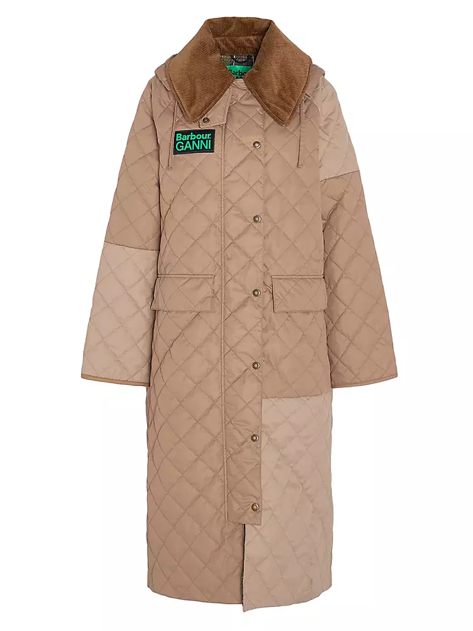 

Стеганое пальто Barbour x Ganni Burghley с цветными блоками Barbour, цвет honey light trench classic