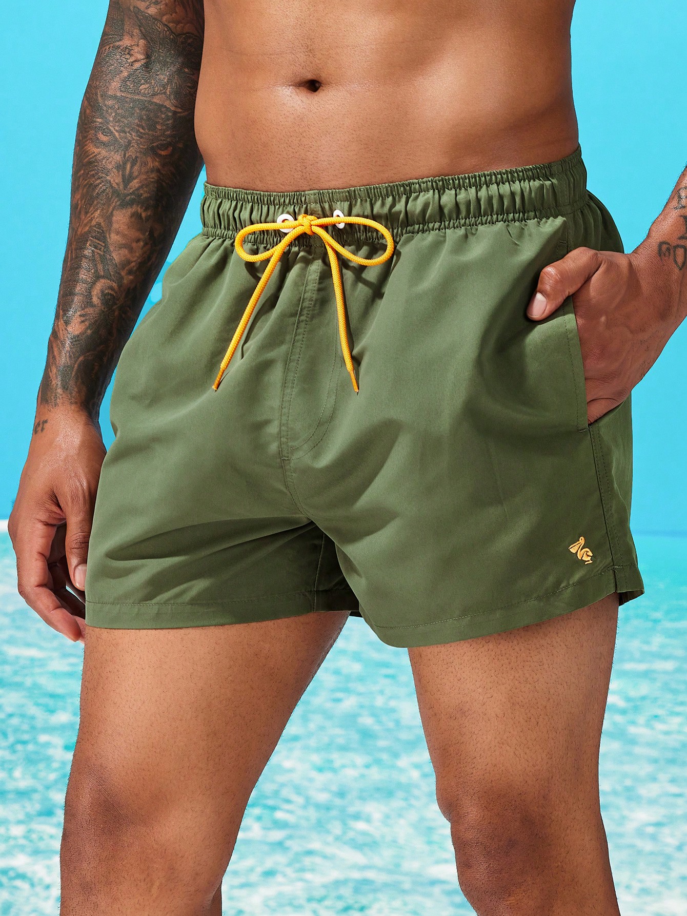 Мужские однотонные пляжные шорты Manfinity с завязками на талии, армейский зеленый плавки от купальника с завязками и вышивкой крючком porto novo xl оранжевый
