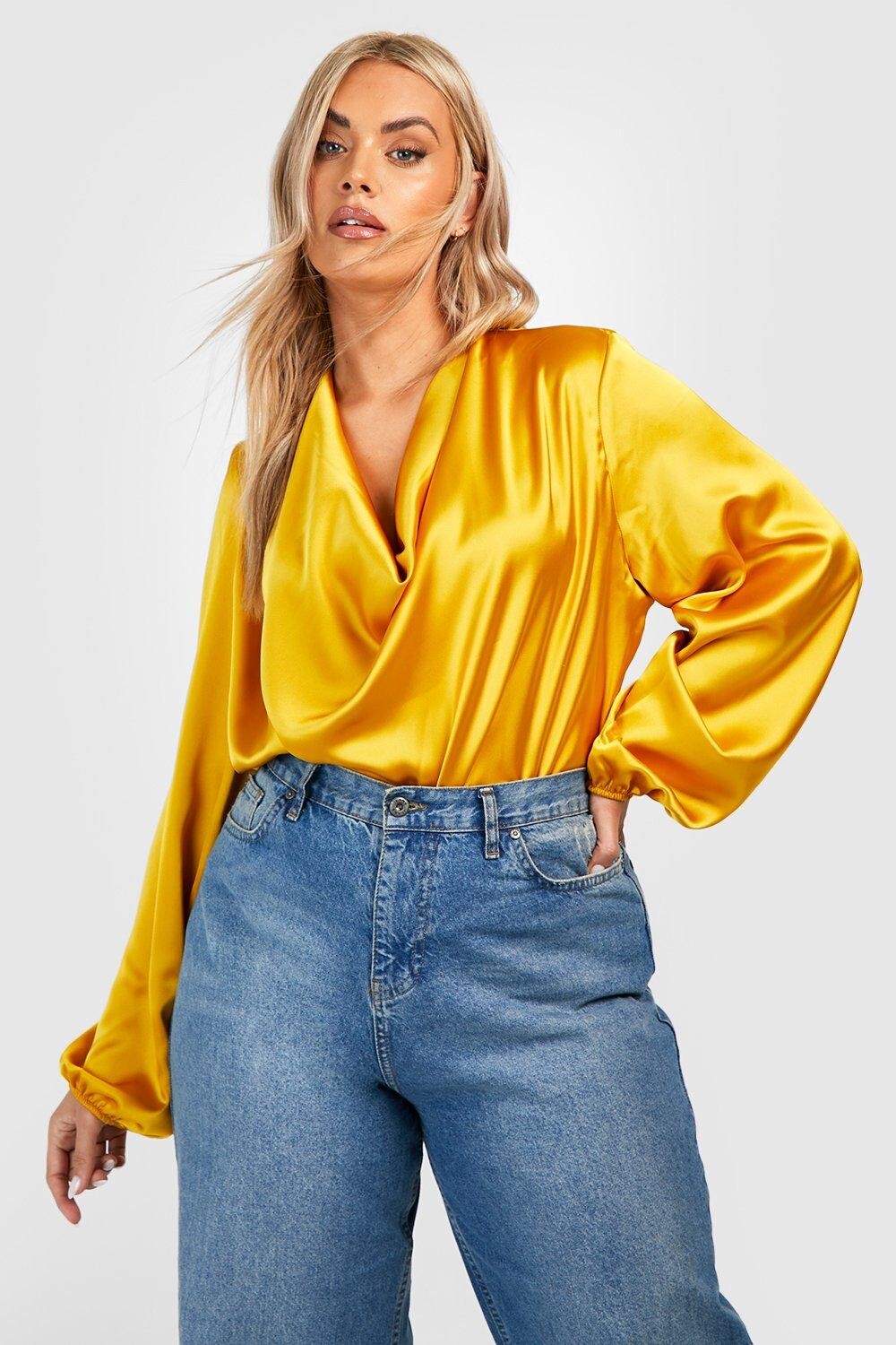 

Блузка из атласа plus с длинными рукавами Boohoo, горчичный