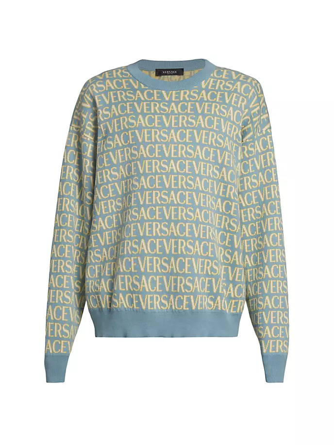 

Хлопковый вязаный свитер с логотипом Versace, цвет light blue ivory